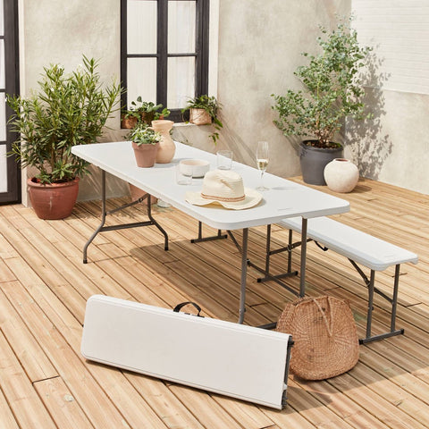 Fiesta opvouwbare receptie tafel en plastic banken 180cm, campingtafel