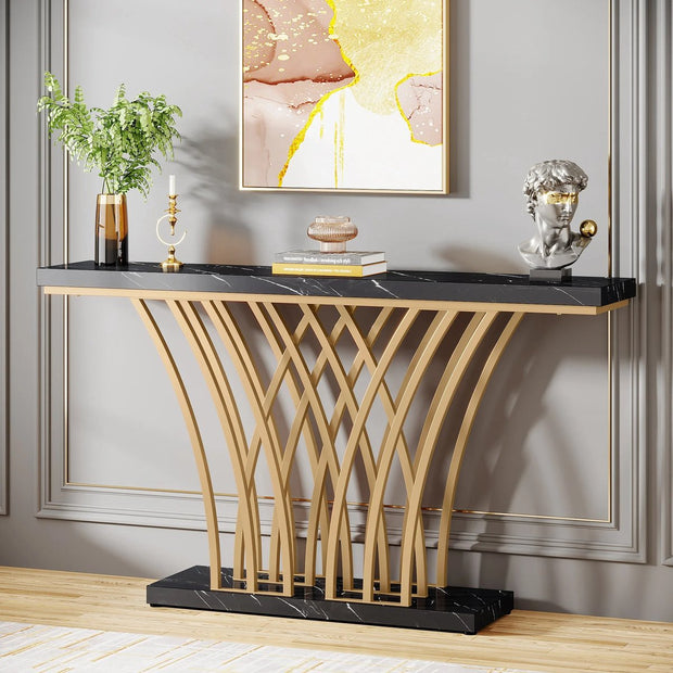 Grid Console Table - Moderne Gouden Consoletafel - Haltafel - Wandtafel met Rastervormig Metalen Onderstel - Ideaal voor Ingang, Gang en Entree - Zwart - Goud - Marmer - 150 x 80 x 30 cm (B x H x D)