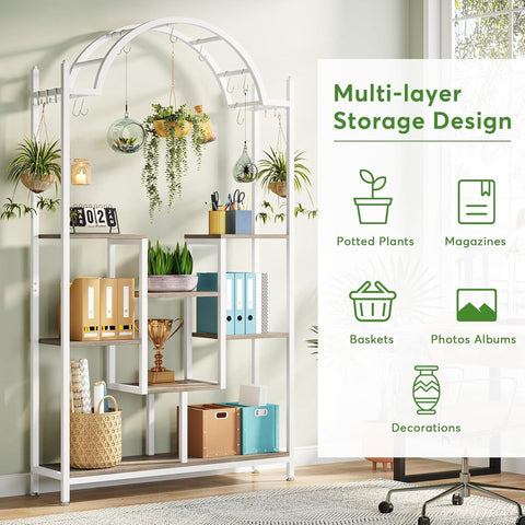 Plantenrek - Plantenstandaard - Plantenrek voor Binnen en Buiten - Plantenrek met 5 Niveaus en 8 S-haken - Wit - 100 x 30 x 190 cm