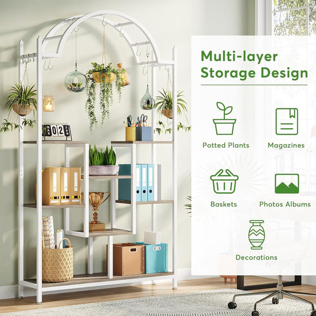 Plantenrek - Plantenstandaard - Plantenrek voor Binnen en Buiten - Plantenrek met 5 Niveaus en 8 S-haken - Wit - 100 x 30 x 190 cm