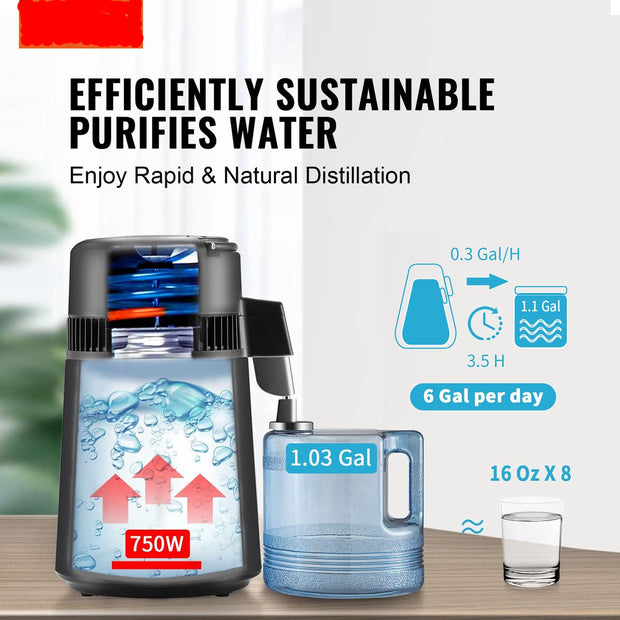 Waterdistilleerapparaat-1 L/uur-4L -  Distilleerapparaat roestvrij staal - 750W - Distilleerapparaat met één - Temperatuurdisplay - Reinigingspoeder voor - Glazen karaf 3 - Koolstofpakketten - Zwart