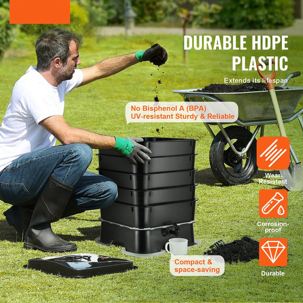 Wormcomposter - HDPE-Materiaal - Robuust en Duurzaam - Grote Capaciteit - Hoge Composteringsefficiëntie - Makkelijke Installatie - 40x40x65cm - 50L - Zwart