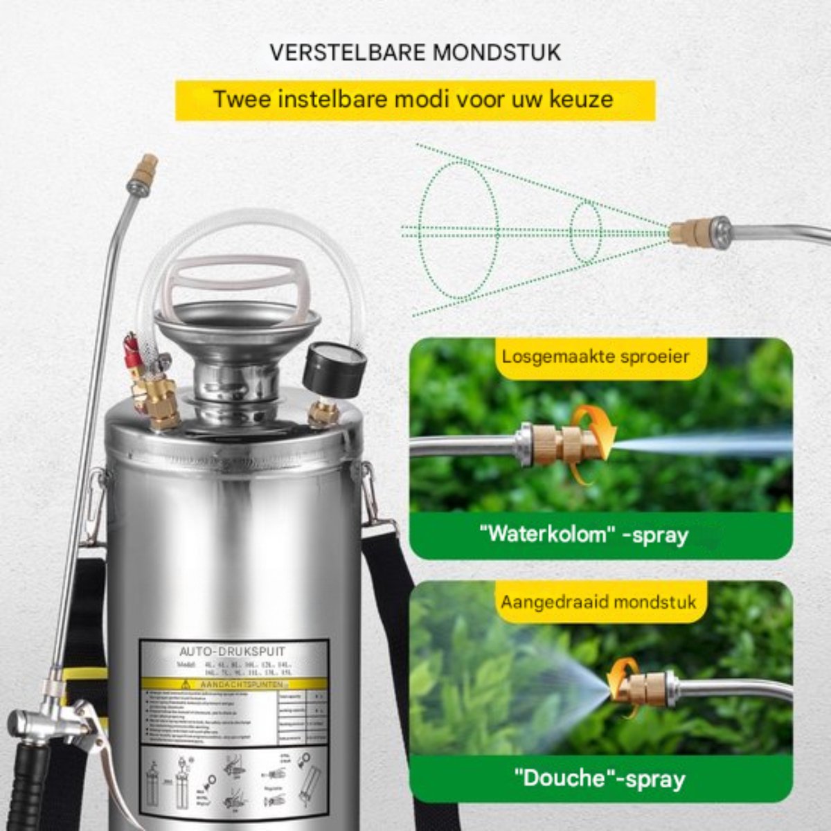 Ontkruidsproeier - Rugspuit - Ergonomisch - variabele Spray - RVS sproeier - Handpompsproeier - met drukmeter en veiligheidsventiel - Verstelbare sproeier voor tuinieren en ontsmetting - 8L - Zilver