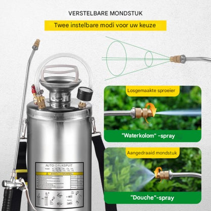 Ontkruidsproeier - Rugspuit - Ergonomisch - variabele Spray - RVS sproeier - Handpompsproeier - met drukmeter en veiligheidsventiel - Verstelbare sproeier voor tuinieren en ontsmetting - 8L - Zilver