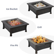 BBQ - Grill Apparaat - Vuurkorf - Vuurschaal - Met Kookrooster - Met Vonkscherm - Met Poker Haak en Opvangbak - Tuinhaard - Kookplaat - Vierkant - Zwart - 81x81x34.5CM