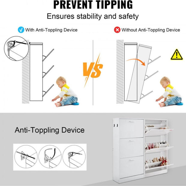 Smalle Schoenenkast - Schoenenrek Wit - 600 x 237 x 1200 mm - Schoenenkantelaar - met 3 Kleppen + Opbergvak Bovenaan - Schoenenkist - 45,35 kg Draagvermogen - Massief Houten - Schoenenopbergkast - voor de Gang
