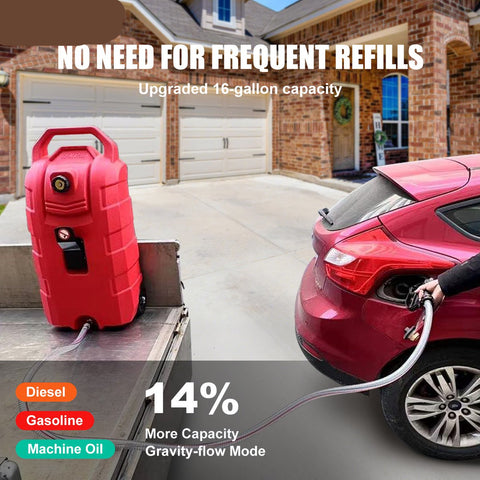 Draagbare Brandstofcontainer - 16 Gallon - 6 Inch Rubberen Wielen - Metaaldraadslang - Anti-lekkage Kogelkraan - Geschikt voor Benzine - Diesel - Smeerolie - Ideaal voor Vrachtwagens - Motorfietsen - Grasmaaiers