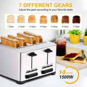 RVS Broodrooster - Toaster - 4 Sneden - Extra Brede Sleuven - 7 Warmteniveaus - 1500W - Gescheiden Dubbele Bediening - Ontdooifunctie
