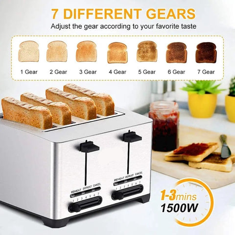 RVS Broodrooster - Toaster - 4 Sneden - Extra Brede Sleuven - 7 Warmteniveaus - 1500W - Gescheiden Dubbele Bediening - Ontdooifunctie
