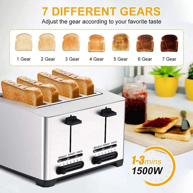 RVS Broodrooster - Toaster - 4 Sneden - Extra Brede Sleuven - 7 Warmteniveaus - 1500W - Gescheiden Dubbele Bediening - Ontdooifunctie