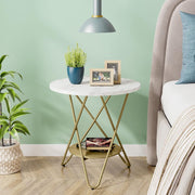 Moderne Ronde Bijzettafel - 2-laags Imitatiemarmeren Salontafel - op Stevig Metalen Frame - Wit en Goud - Woonkamertafel - Kleine Tafel - voor Woonkamer - Slaapkamer