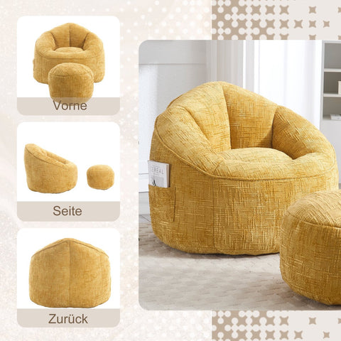 Zitzak Sofa met Voetensteun - Luxe Chenille Bean Bag Stoel -- Ergonomische Loungestoel met Hoge Rugleuning – Comfortabele Fauteuil - Geel