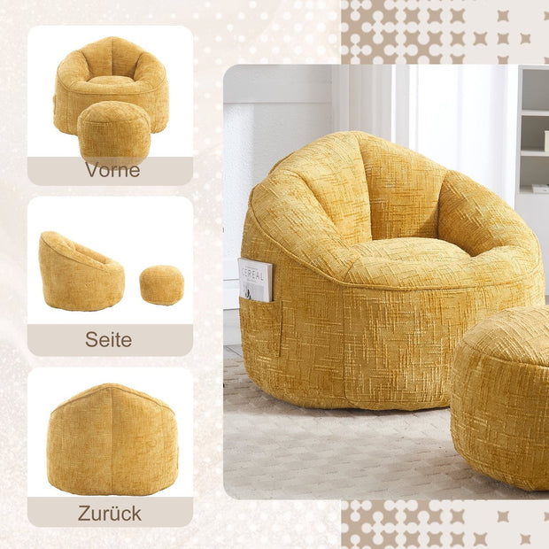 Zitzak Sofa met Voetensteun - Luxe Chenille Bean Bag Stoel -- Ergonomische Loungestoel met Hoge Rugleuning – Comfortabele Fauteuil - Geel