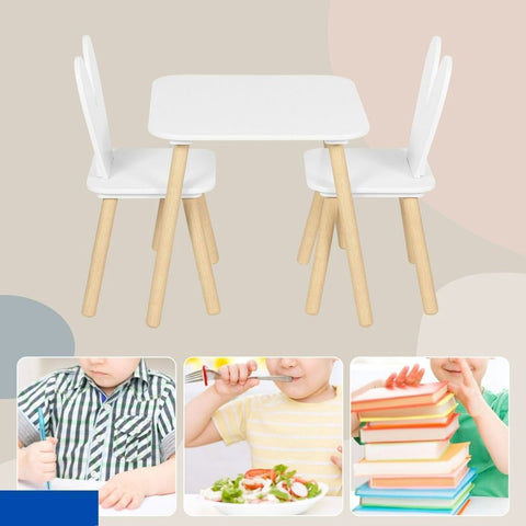 Kindertafelset met stoelen - Activiteitentafel voor kinderen - Creatieve speelset - Veilig en duurzaam - Met rugleuningen in de vorm van konijnenoren - Ideaal voor kinderkamers en babykamers - Witte tafel en 2 stoelenset - Konijnentafelset