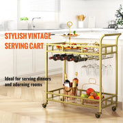 Rollende Barkar -Goud - 2 Trays - Drankwagen - Serveerwagen - Barkar Met Wielen - Theewagen - Keukentrolley