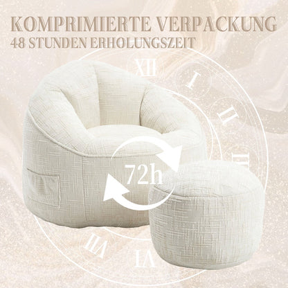 Zitzak met Voetensteun - Stoel met Hoge Druk Schuimvulling - Ergonomisch Ontwerp - Chenille Stof - 89x88x76 cm - Beige