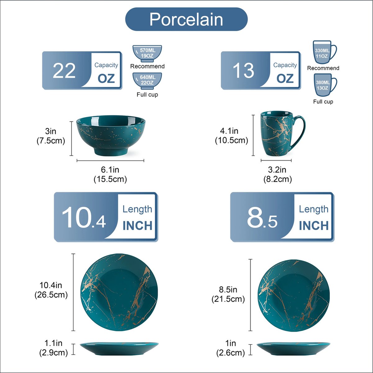 Serviesset - Ceramisch - Donkergroen/Goud - 16-delig - Ontwerp Door Goud Splash - Dinerbord - Dessertbord - Kommen - Koffiekoppen