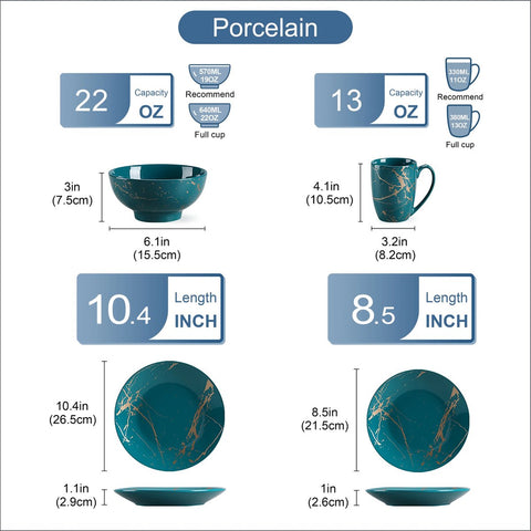 Serviesset - Ceramisch - Donkergroen/Goud - 16-delig - Ontwerp Door Goud Splash - Dinerbord - Dessertbord - Kommen - Koffiekoppen