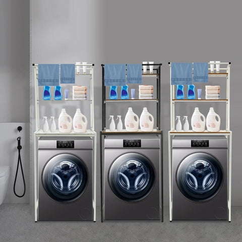 3-Lagen Wasmachine en Droger Opbergplank - Badkamer Organizer - Opbergrek - Wasruimte Rek - Ruimtebesparend Rek - Duurzaam MDF en IJzer - Hoog Draagvermogen - 3 Kleuren Beschikbaar - Makkelijk te Monteren