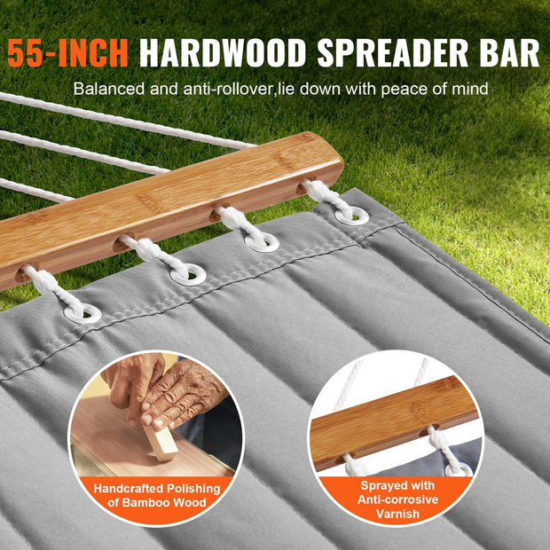 Hangmat met Standaard - Stalen kettingen - Grijs verdikt doek met Kussen - 2 Persoons - 376x105x140cm - Max 210kg