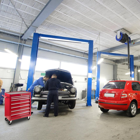 Werkplaatswagen - 7 vakken - Centraal afsluitbaar - Anti-slip coating - Wielen met Parkeerrem - Massief Metaal - Rood - Blauw of zwart 7 Fächer rood
