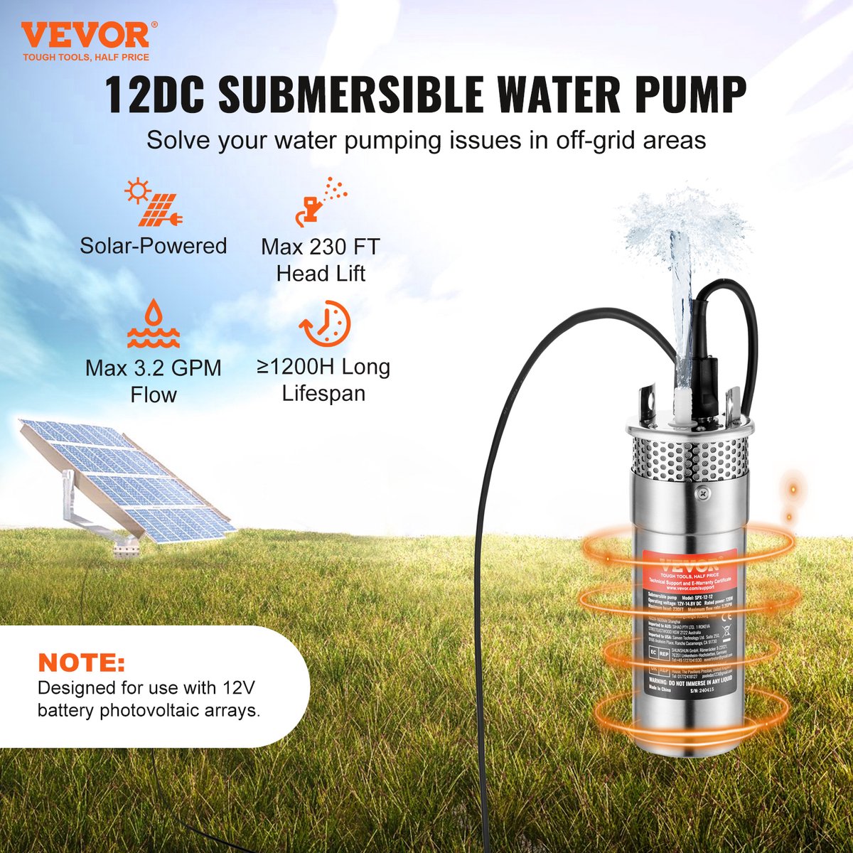 Zonne-Waterpomp - 20W - Stroom 15L/min - Opvoerhoogte 70 m - met 3 m Stroomkabel - Beschermingsgraad IP68 - voor Putten -  Boerderijirrigatie - Boerderijdieren Water Geven - Zilver