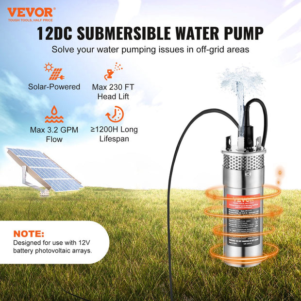 Zonne-Waterpomp - 20W - Stroom 15L/min - Opvoerhoogte 70 m - met 3 m Stroomkabel - Beschermingsgraad IP68 - voor Putten -  Boerderijirrigatie - Boerderijdieren Water Geven - Zilver