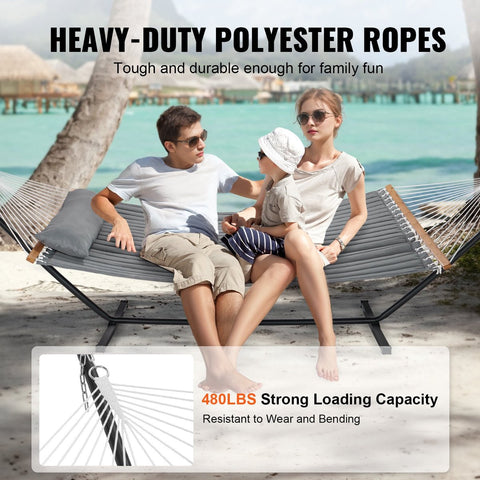 Hangmat met Standaard - Stalen kettingen - Grijs verdikt doek met Kussen - 2 Persoons - 376x105x140cm - Max 210kg