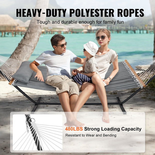 Hangmat met Standaard - Stalen kettingen - Grijs verdikt doek met Kussen - 2 Persoons - 376x105x140cm - Max 210kg