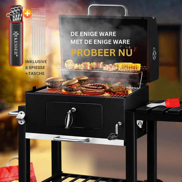 Grillwagen - trolley XL houtskoolbarbecue met deksel - wielen roestvrijstalen handgreep grillrooster en thermometer - ‎45 x 115 x 105 cm - Zwart