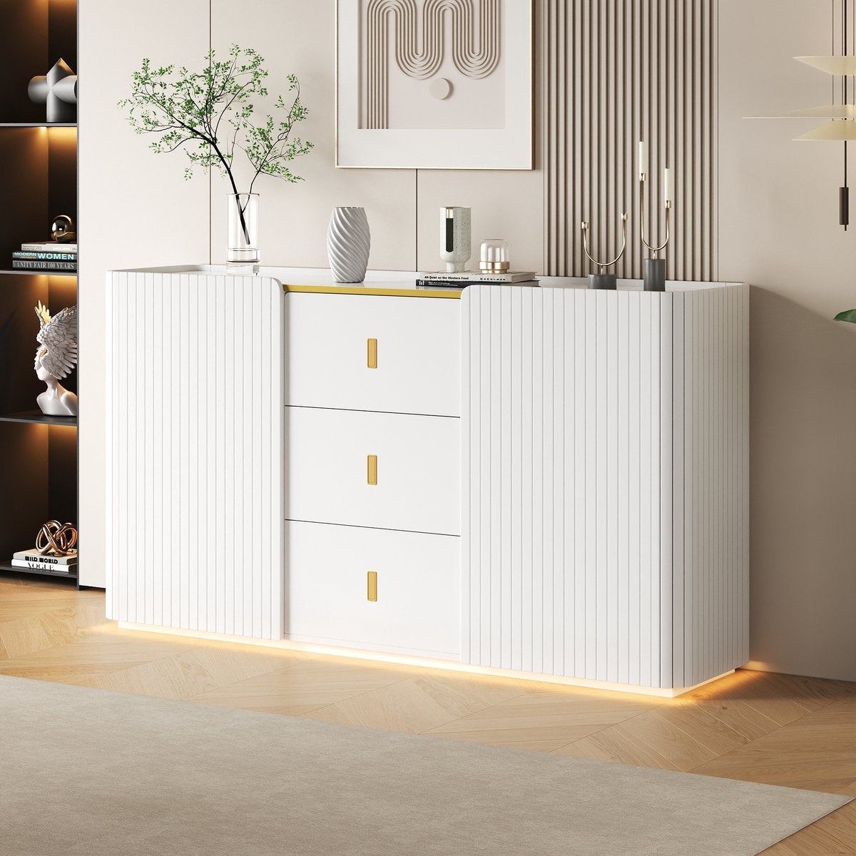 LED - Modern wit dressoir met LEDverlichting - 150x35x80 cm - 2 deuren, 3 lades en RGB-kleuren - Opbergkast voor woonkamer, eetkamer of hal - Wit