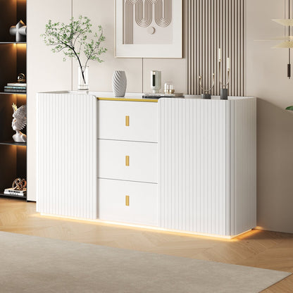 LED - Modern wit dressoir met LEDverlichting - 150x35x80 cm - 2 deuren, 3 lades en RGB-kleuren - Opbergkast voor woonkamer, eetkamer of hal - Wit