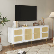 Elegant White Rattan - TV Cabinet - 180x40x72cm - met 4 Rotan Deuren - in Hoogte Verstelbare Planken - en Kabelbeheer - voor Maximaal 80 inch Televisies - Tv-Kasten - Lowboards