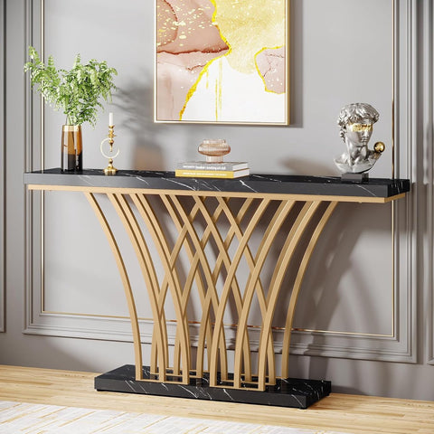 Console Tafel – Bijzettafel – Sidetable Modern - met Metalen Basis in Roostervorm – Metalen Frame – Zwart Goud – 150 x 30 x 80 cm
