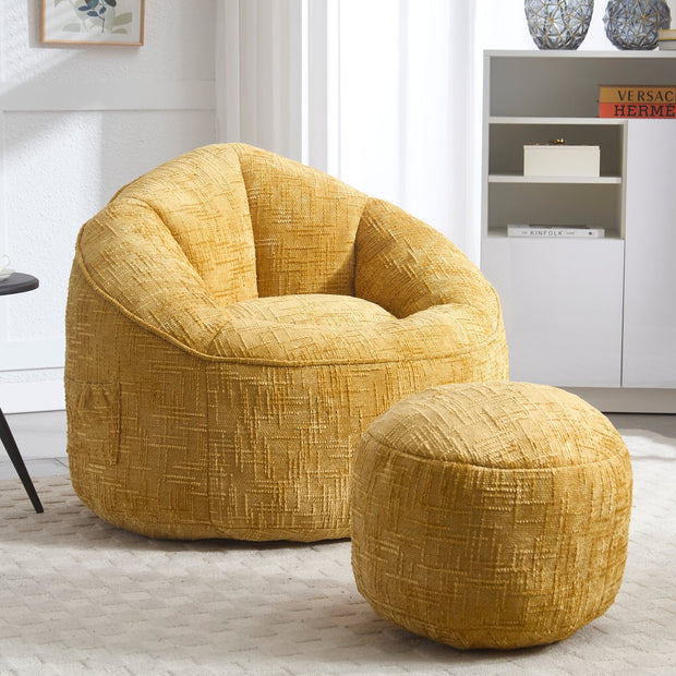 Zitzak Sofa met Voetensteun - Luxe Chenille Bean Bag Stoel -- Ergonomische Loungestoel met Hoge Rugleuning – Comfortabele Fauteuil - Geel