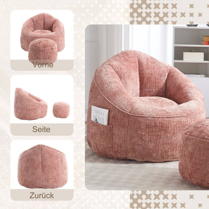 Zitzak Stoel met Voetensteun - Beanbag in Luxe Chenille Stof - Hoge Druk Schuimvulling - Ergonomisch Ontwerp - 89x88x76 cm - Roze