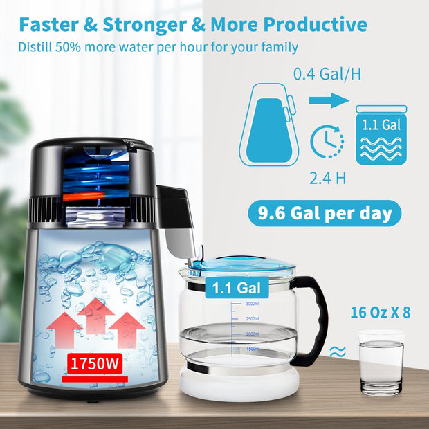 Water Distilleerder-1.5 L/uur - 4L Destilleerketel-Roestvrij Staal - 1750W Destilleerapparaat met Dubbele Temperatuurweergave - Reinigingspoeder voor Glazen Karaf 3 Carbon Packs