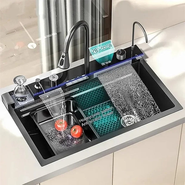 Waterfall Sink Set - Digital Display - Cup Cleaner - Waterfall - Multiple Modes - Cutting Board - Black - Modern - Unique