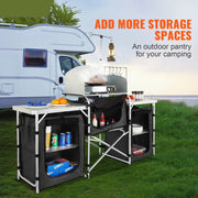 Campingkeuken - Buitenkeuken - Inklapbaar - 174x110x46cm - Campingkast - Incl. Opbergtas - Buitenkooktafel met opbergtas - Aluminium kookstation met 3 kasten - Afneembaar windscherm - Bruin