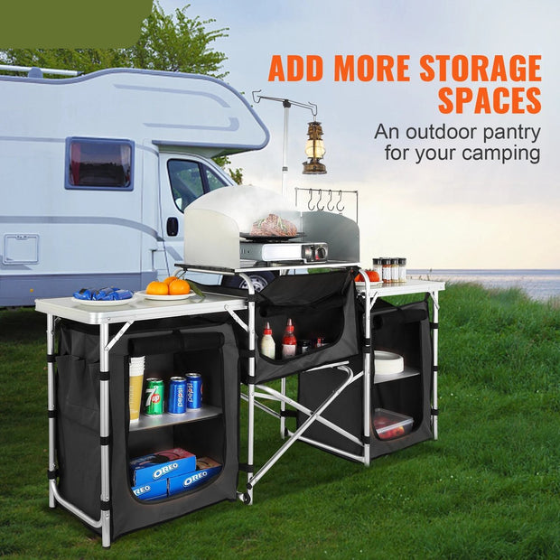 Campingkeuken - Buitenkeuken - Inklapbaar - 174x110x46cm - Campingkast - Incl. Opbergtas - Buitenkooktafel met opbergtas - Aluminium kookstation met 3 kasten - Afneembaar windscherm - Bruin