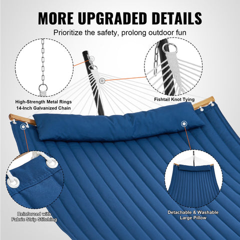 Hangmat - 2 Personen Dubbele - met Gebogen Spreidstok - T-vormige Standaard - Afneembaar Kussen en Draagbare Draagtas Draagvermogen 200 kg - 1,4x1,9m - Blauwe