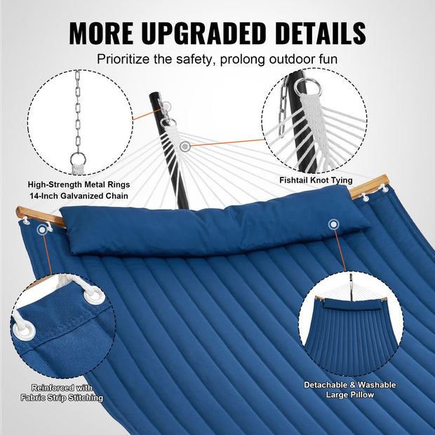 Hangmat - 2 Personen Dubbele - met Gebogen Spreidstok - T-vormige Standaard - Afneembaar Kussen en Draagbare Draagtas Draagvermogen 200 kg - 1,4x1,9m - Blauwe