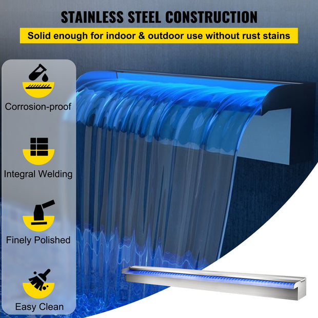 Zwembad Waterval Overloopbak - 151 x 11,5 x 8 cm - Rvs - Met Gekleurde Led Strip Slang - Afstandsbediening - voor Vijvertuin Zwembad