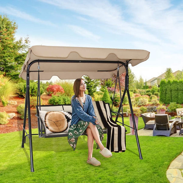 Schommelzitje - Schommelbank - Ligstoel met zonnedak - 3-zits - Lichtbruin/Beige