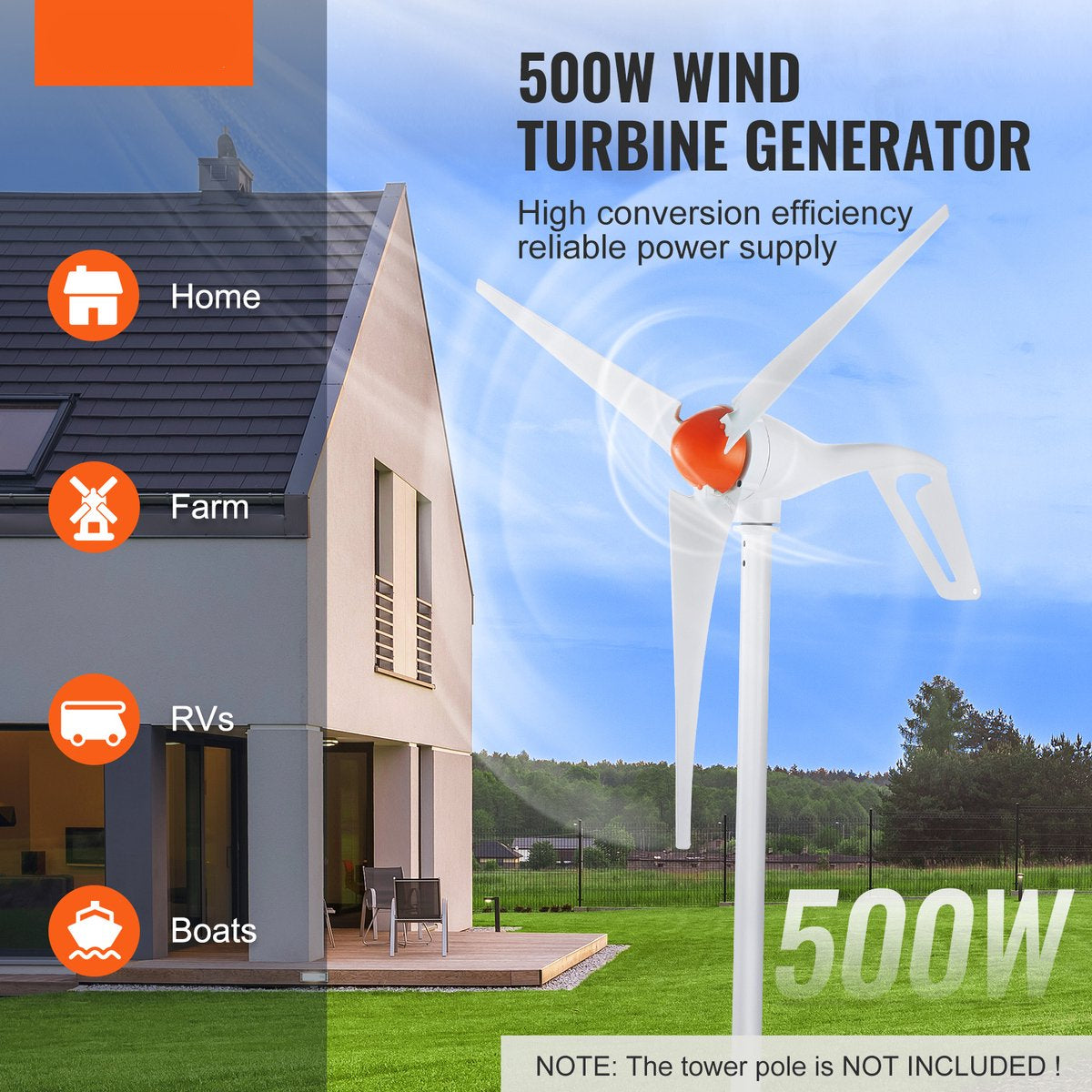 Windturbine -12V - 500W - 3-Bladige - Met Mppt-Controller - Turbinelichaam is Gemaakt van Gegoten Aluminium en is Corrosiebestendig - Verstelbare Windrichting en Startwindsnelheid van 2,5 m/s Geschikt - voor Thuisboerderij Campers Boten - QUORE