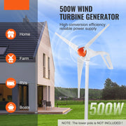 Windturbine -12V - 500W - 3-Bladige - Met Mppt-Controller - Turbinelichaam is Gemaakt van Gegoten Aluminium en is Corrosiebestendig - Verstelbare Windrichting en Startwindsnelheid van 2,5 m/s Geschikt - voor Thuisboerderij Campers Boten
