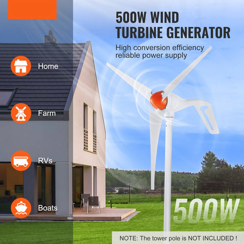 Windturbine -12V - 500W - 3-Bladige - Met Mppt-Controller - Turbinelichaam is Gemaakt van Gegoten Aluminium en is Corrosiebestendig - Verstelbare Windrichting en Startwindsnelheid van 2,5 m/s Geschikt - voor Thuisboerderij Campers Boten