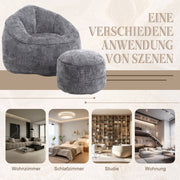 Zitzak met Voetensteun - Loungestoel met Hoge Druk Schuimvulling - Beanbag Ergonomisch Ontwerp - Chenille Stof – 89x88x76 cm - Grijs
