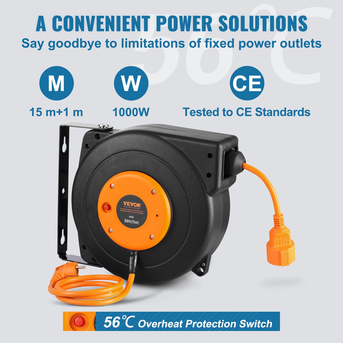 Kabelhaspel - Wandmontage Verlengkabel - 15m - 1000W - Spanning AC 220V - Max. Temperatuurschakelaar 56℃ - Automatische Uitbreiding - Montagemogelijkheden Muur of Plafond