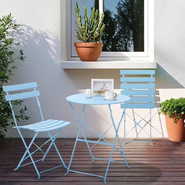 Bistro set 2 persons - Garden table round - Foldable - Collapsible - High quality and durable metal - Garden furniture - Garden chairs - Light blue